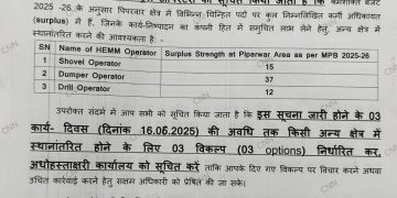 सीसीएल :पिपरवार क्षेत्र के सरप्लस ऑपरेटरों का होगा तबादला !